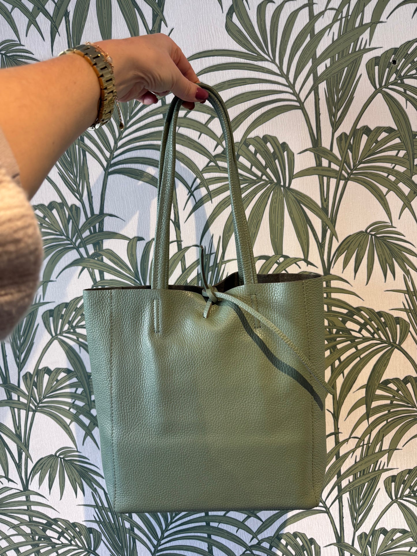 Leather Shopper Small Sage Green