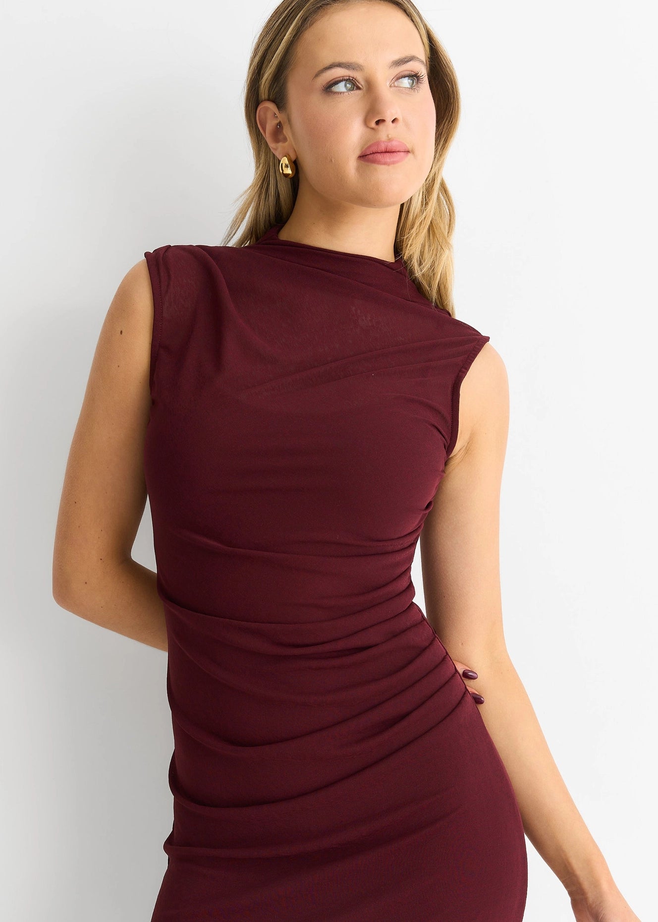 Burgundy Mesh Midi Dress