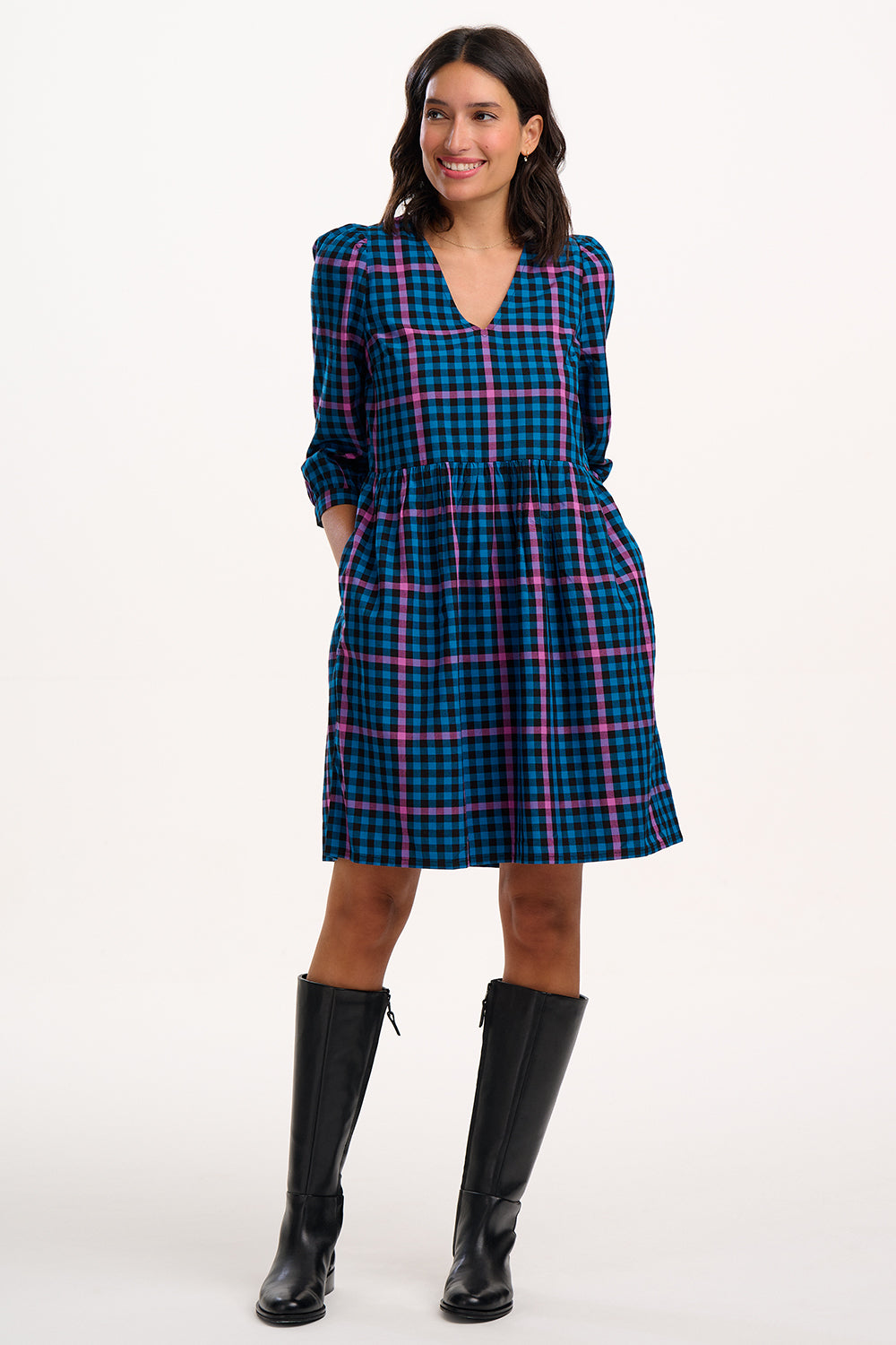 Nigella Mini Smock Dress - Black/Teal, Twilight Gingham