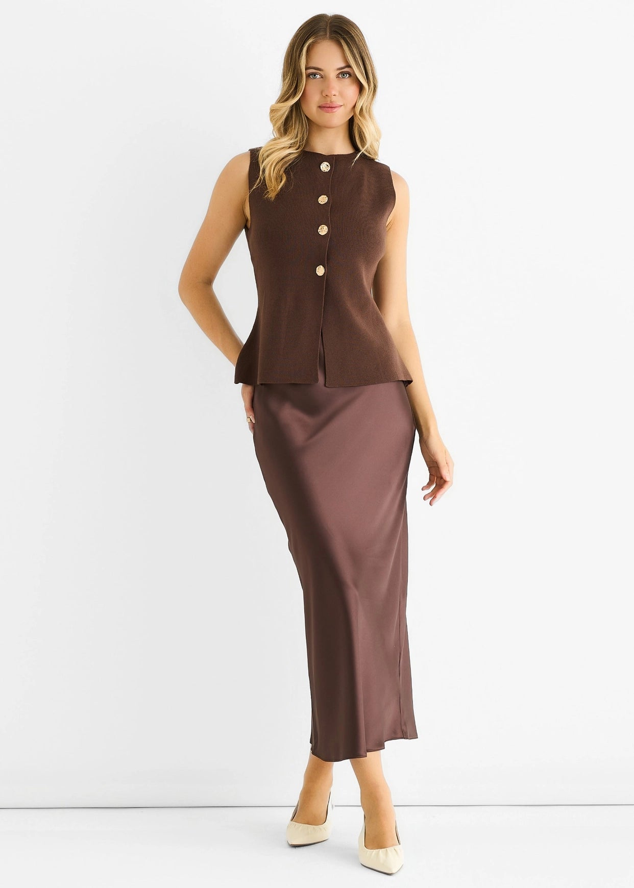 Chocolate Button Front Compact Knit Waistcoat