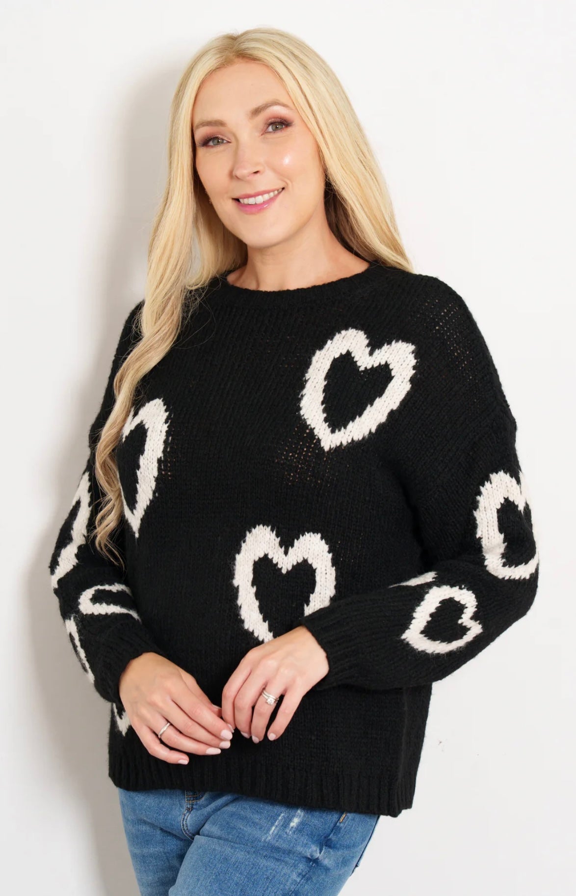 Millie Wool Blend Jumper - Black/Cream, Love Hearts