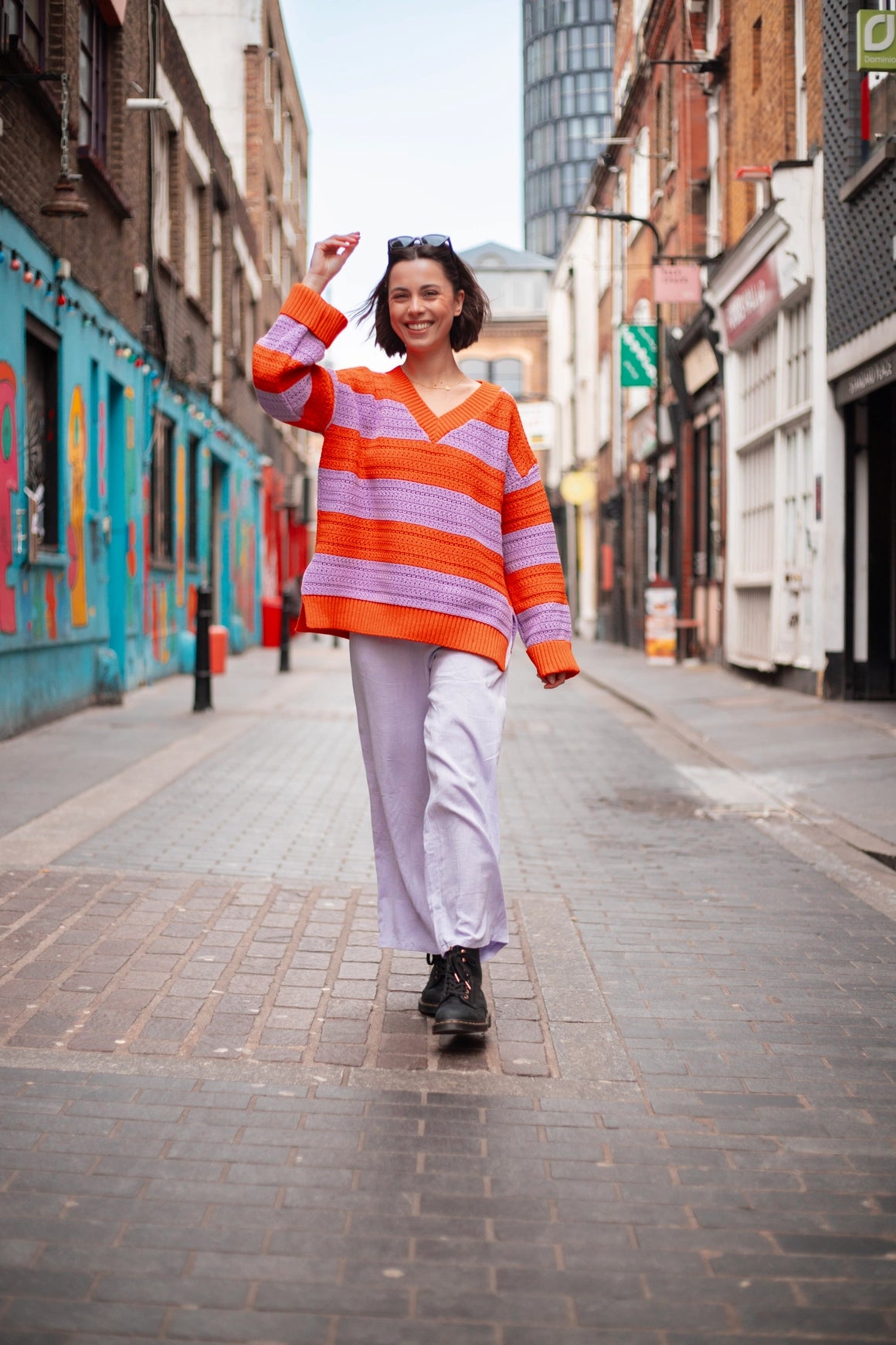 Millie Crochet Stripe V Neck Cotton Blend Jumper