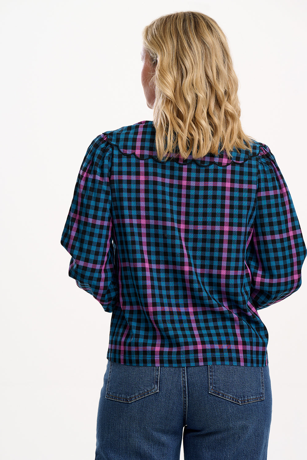 Nessie Scallop Collar Blouse - Black/Teal, Twilight Gingham