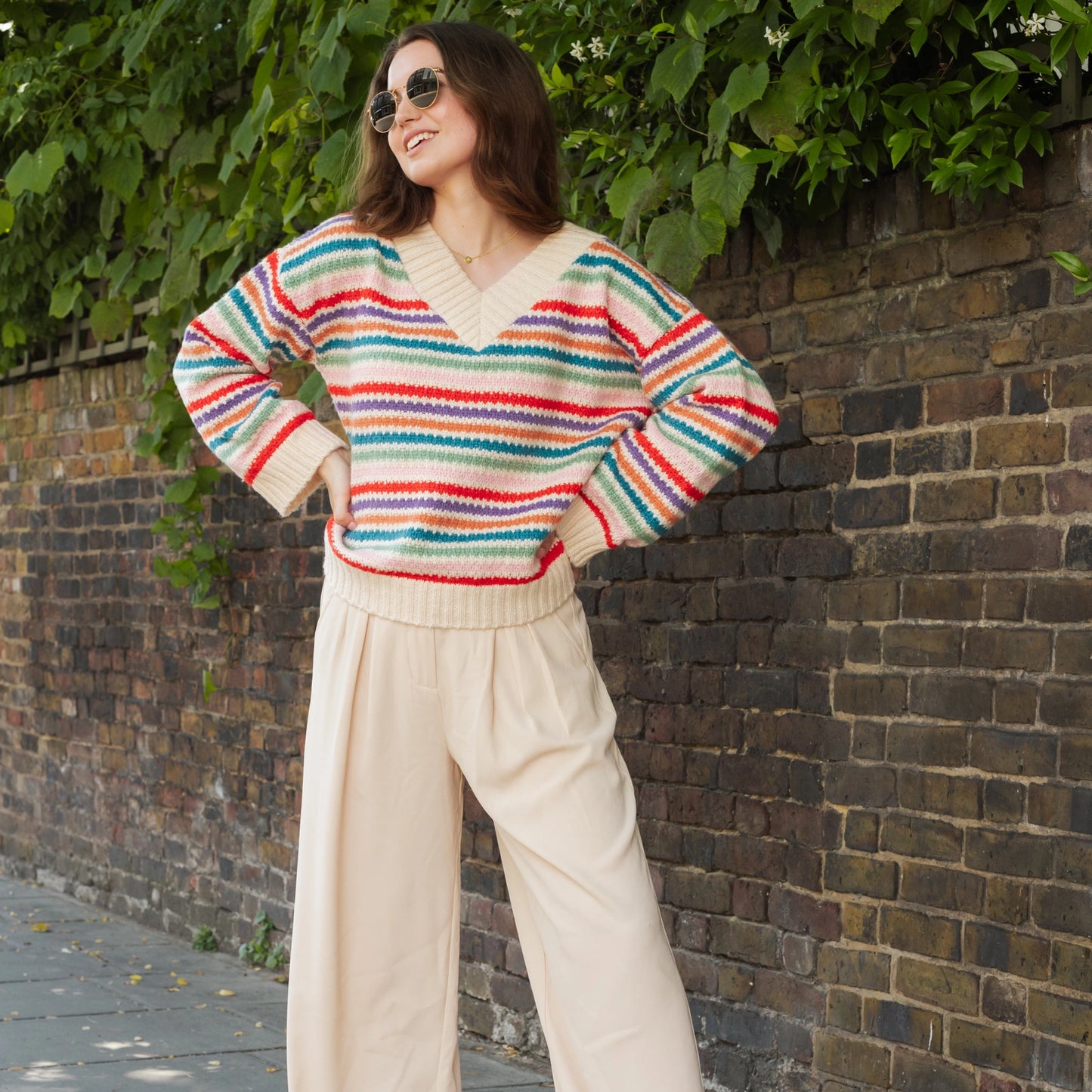 Jasmine Wide Sleeve V Neck Striped Jumper