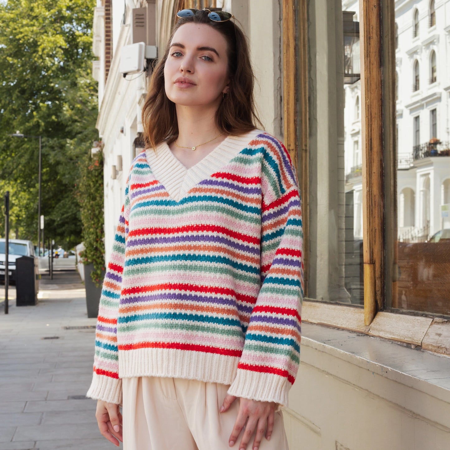 Jasmine Wide Sleeve V Neck Striped Jumper