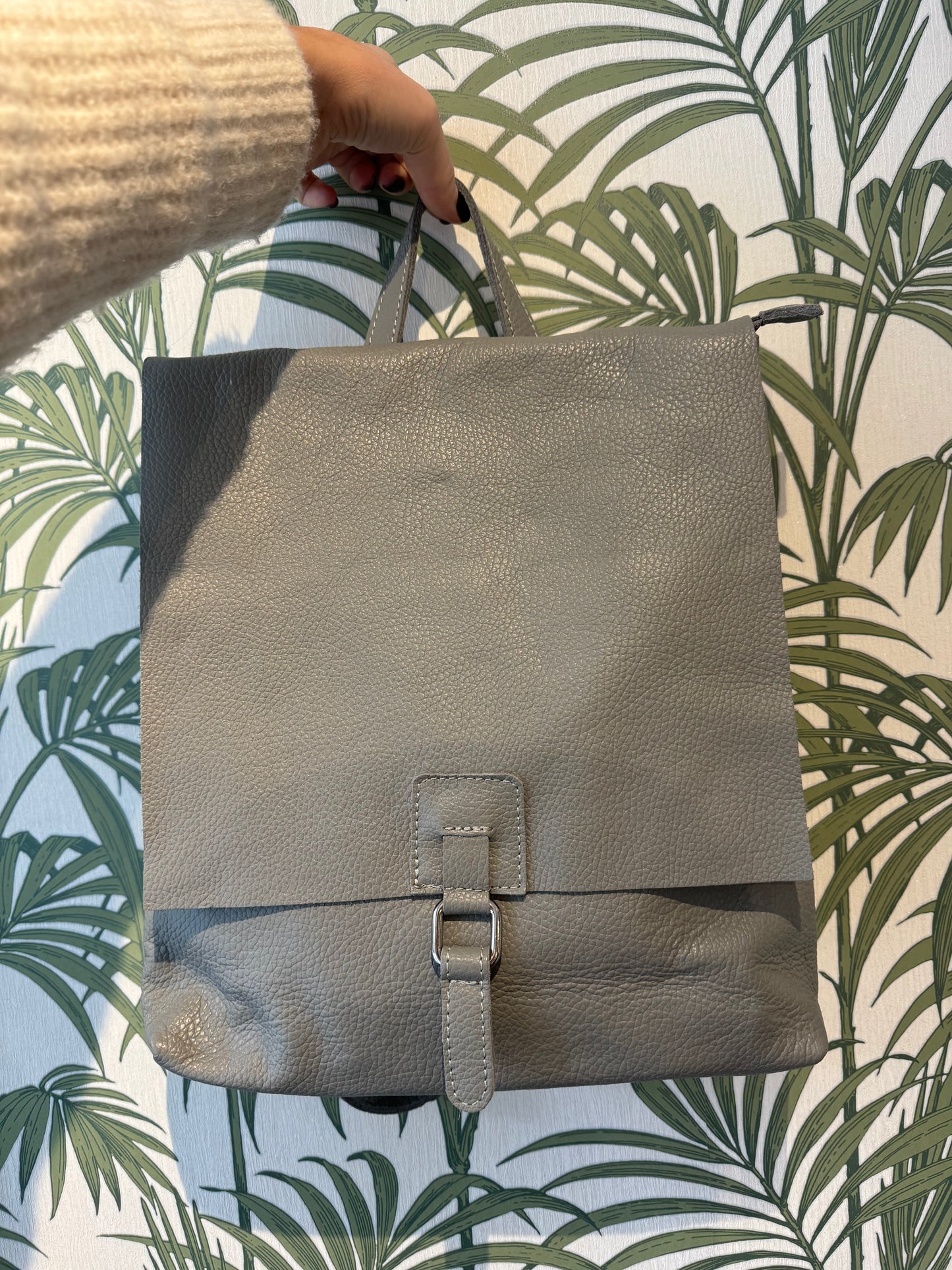 Leather Square Buckle Backpack Light Gray