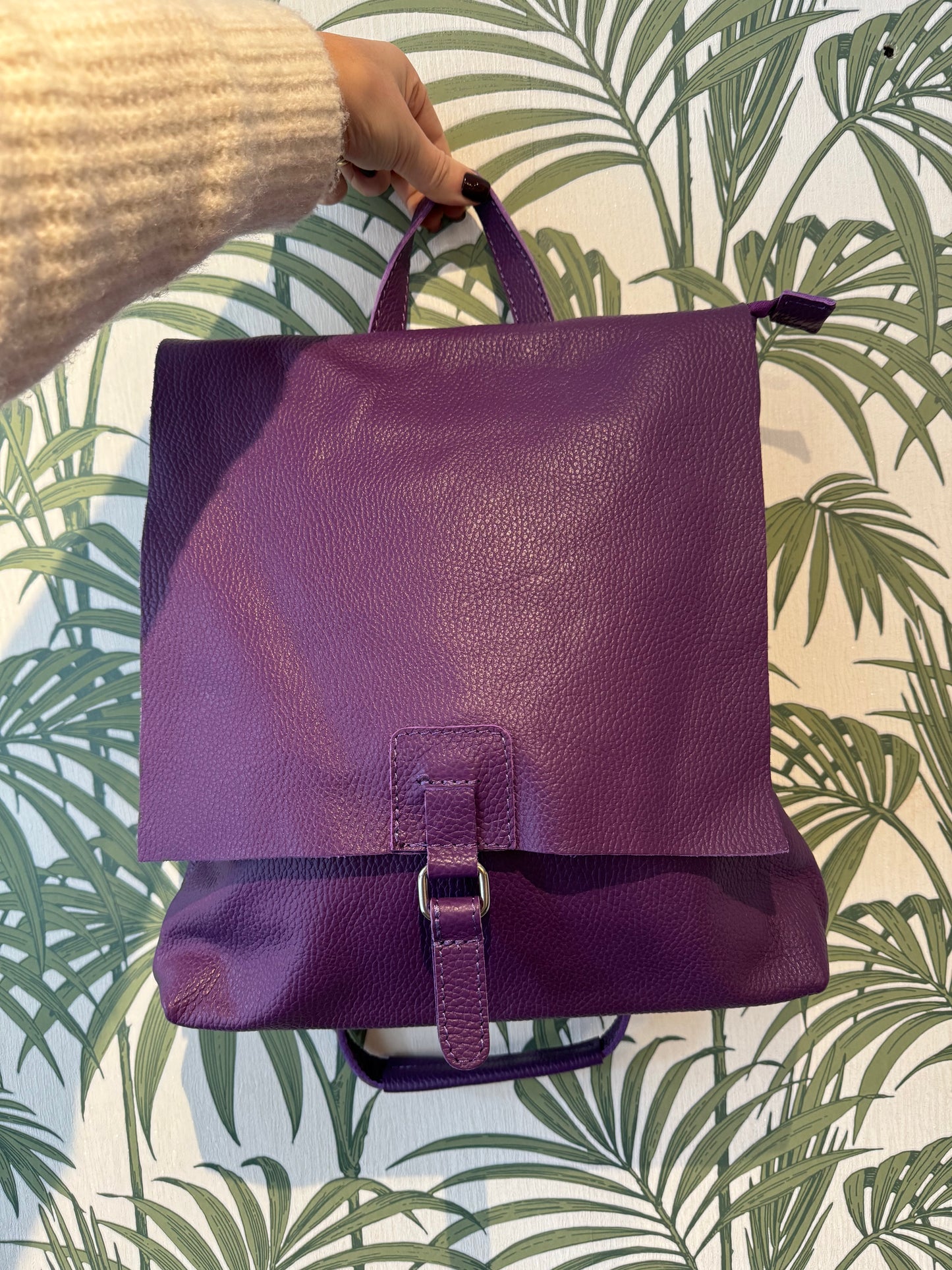 Leather Square Buckle Backpack Purple