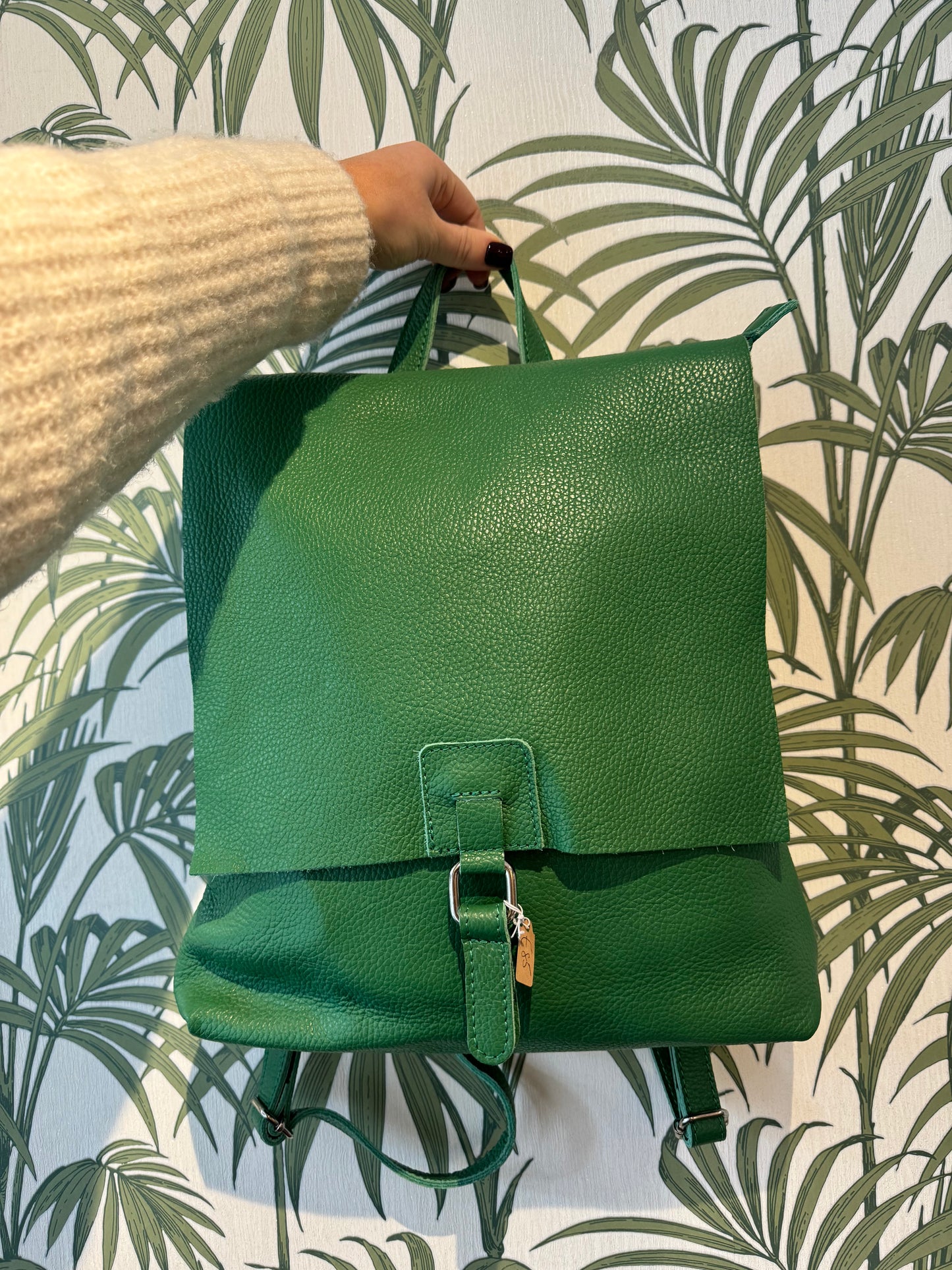 Leather Square Buckle Backpack Green
