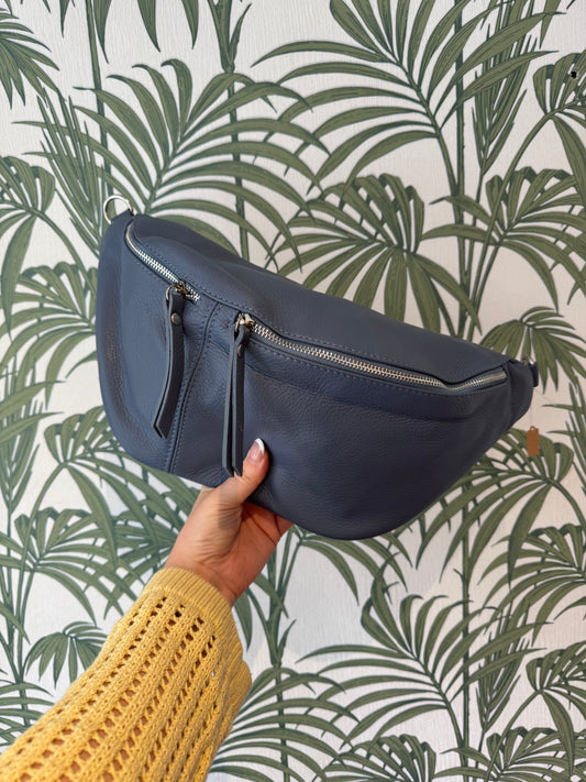 Leather Large Sling Bag Dusty Blue