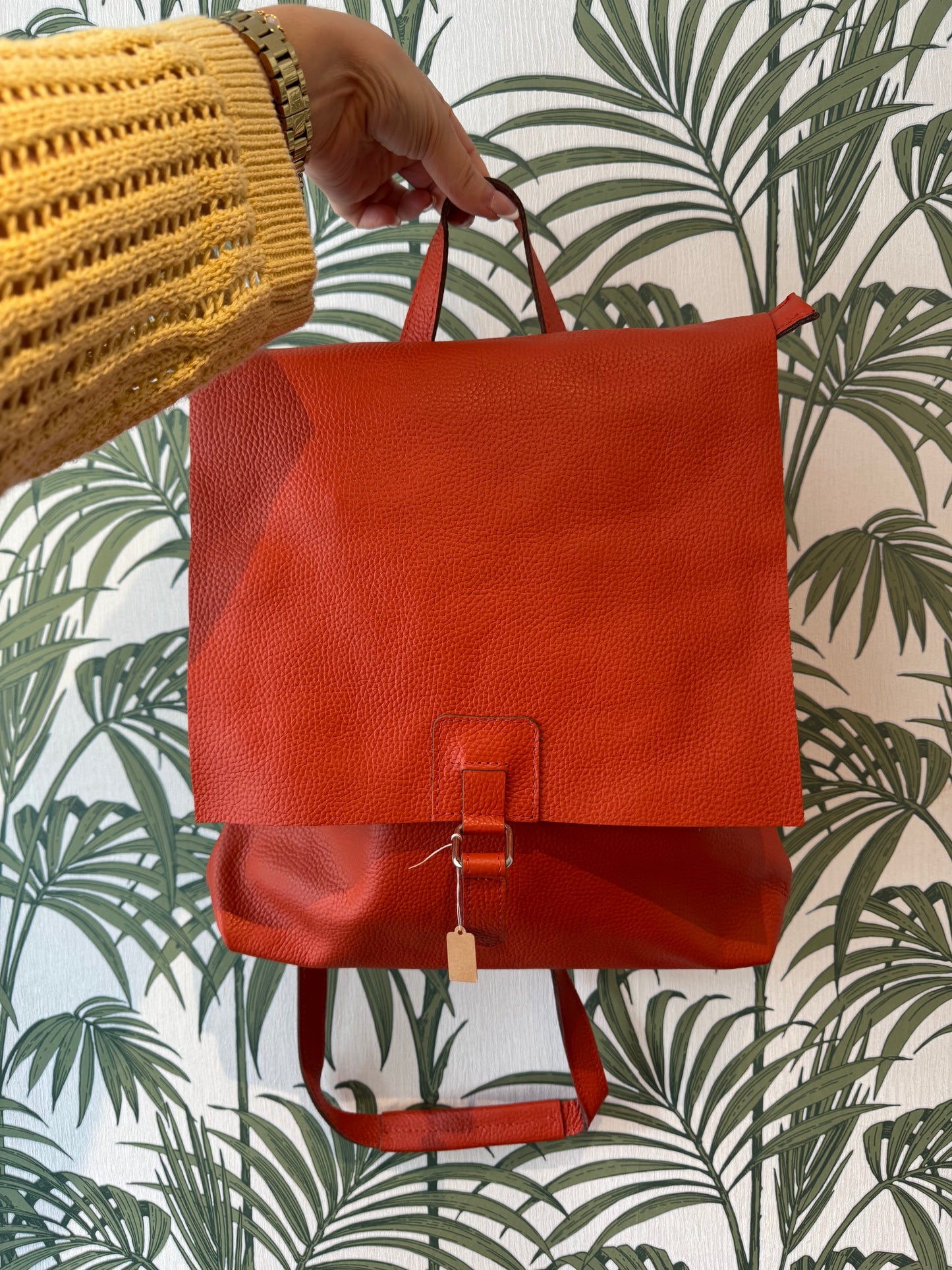 Leather Square Buckle Backpack Dark Orange