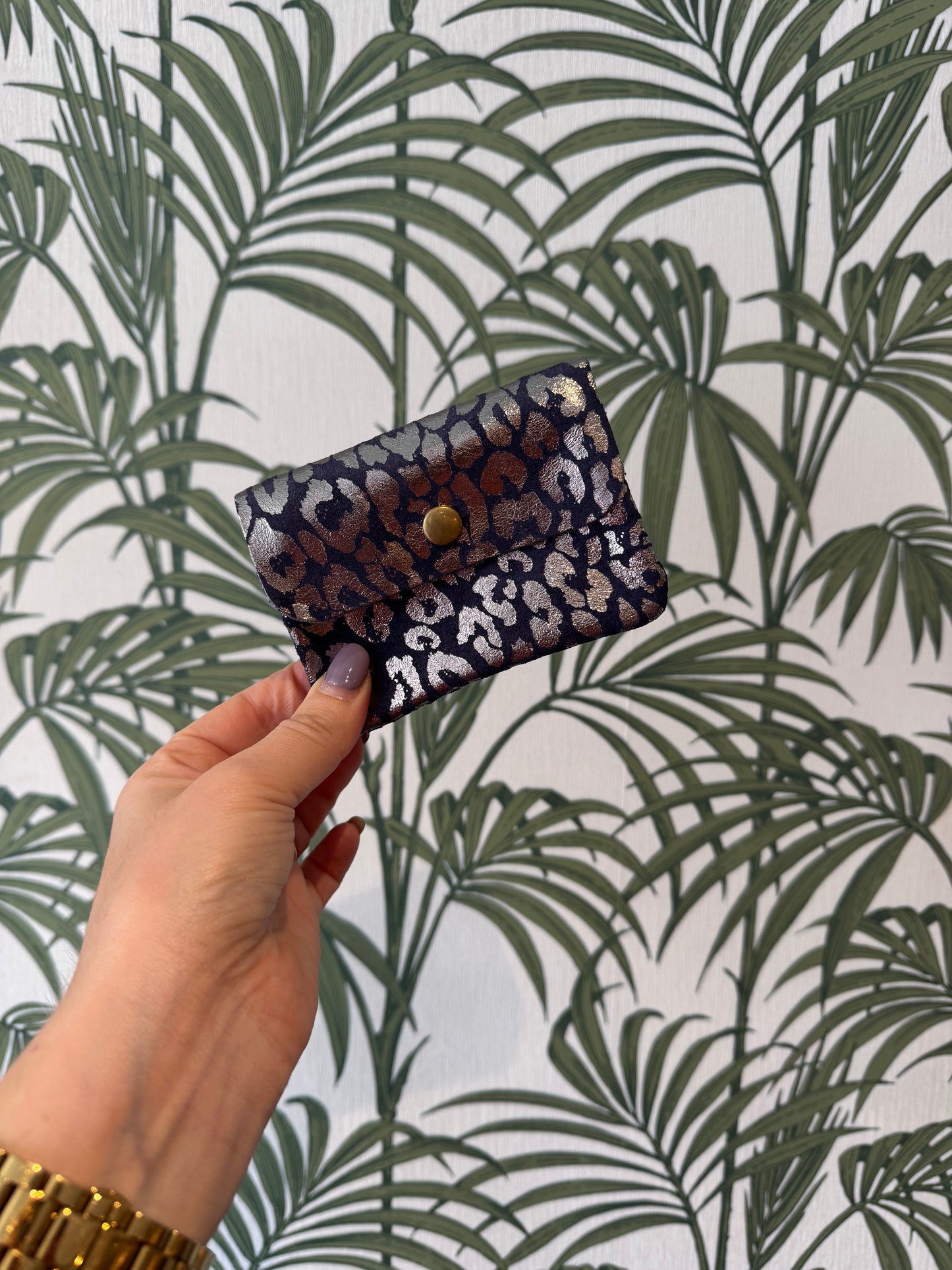 Suede Leather Button Purse Leopard
