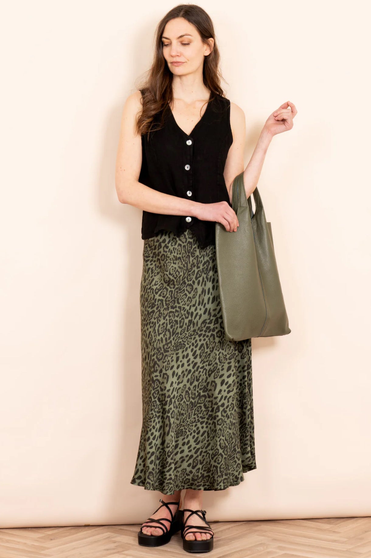 Cassie Midi Slip Skirt - Khaki, Leopard Print