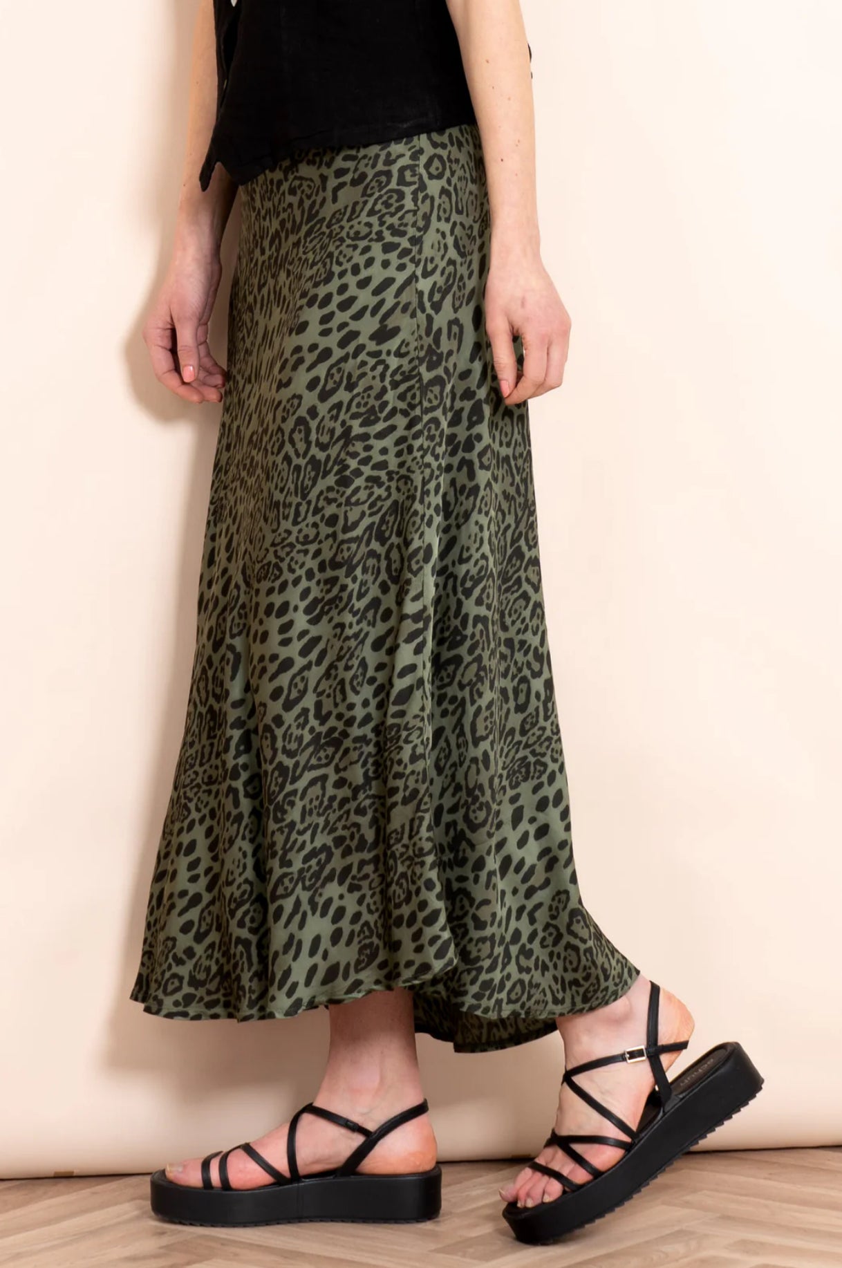 Cassie Midi Slip Skirt - Khaki, Leopard Print