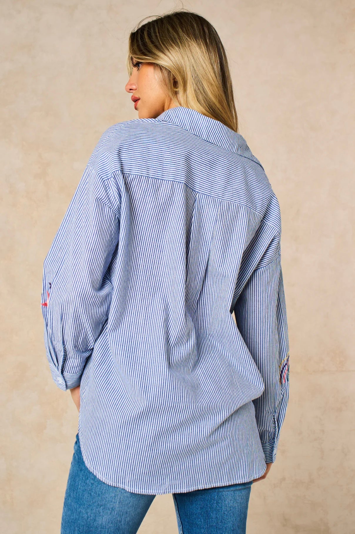 Embroidered Striped Long Sleeve Cotton Shirt in Blue