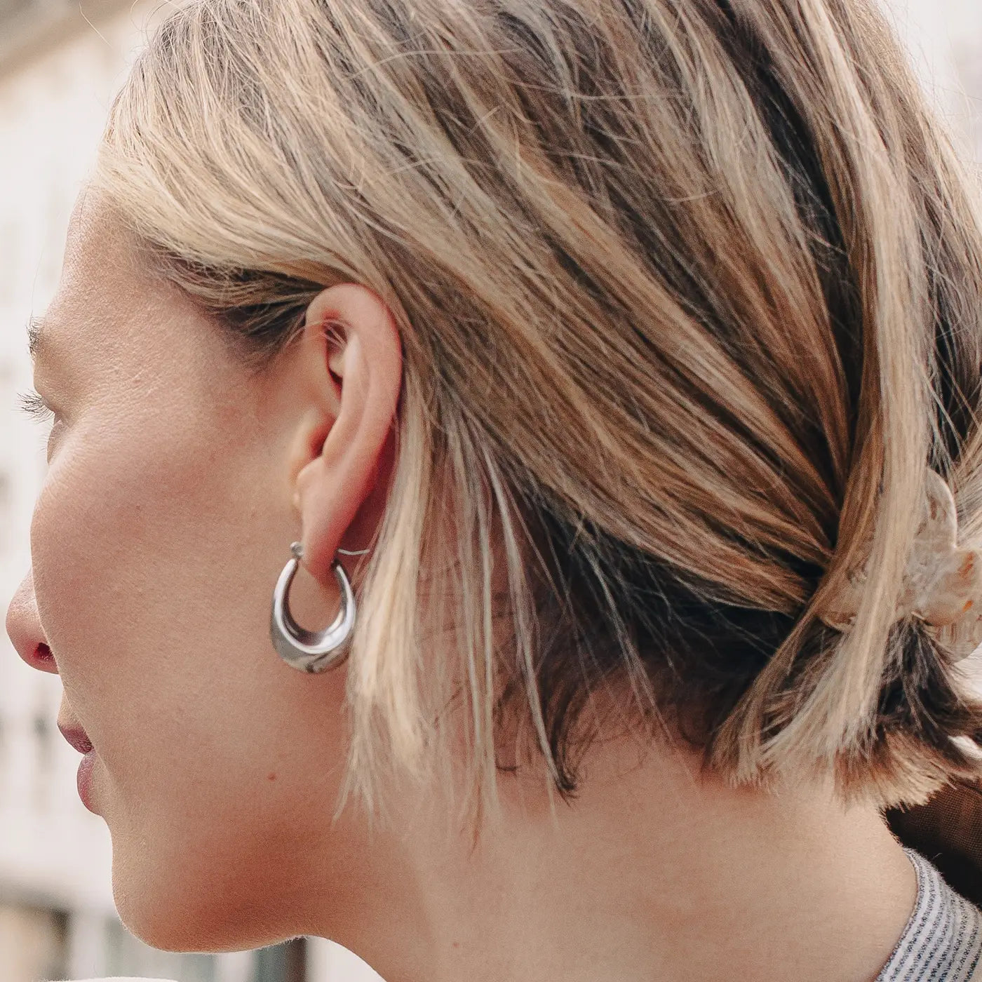 Silver Bold Crescent Hoop Earrings Waterproof