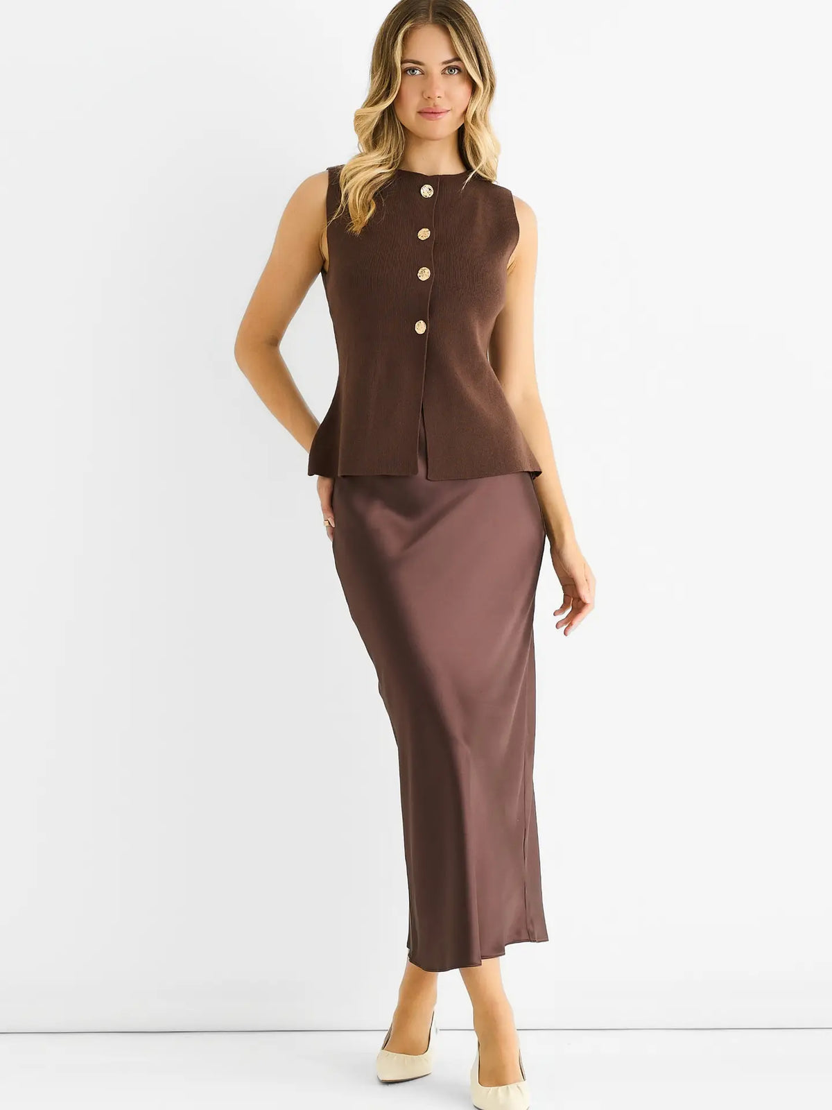 Chocolate Button Front Compact Knit Waistcoat
