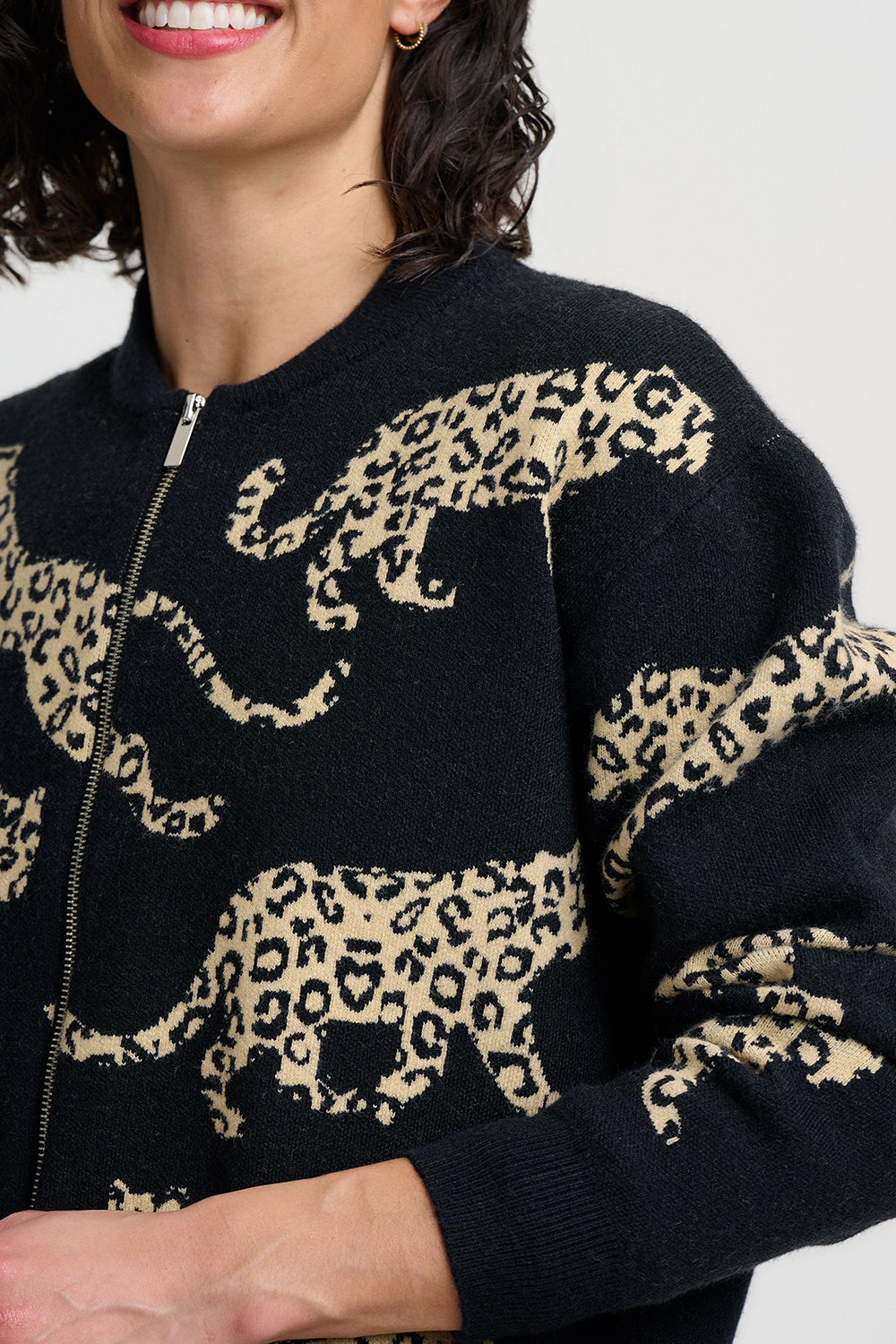 Solana Knitted Bomber Jacket - Monochrome Leopard
