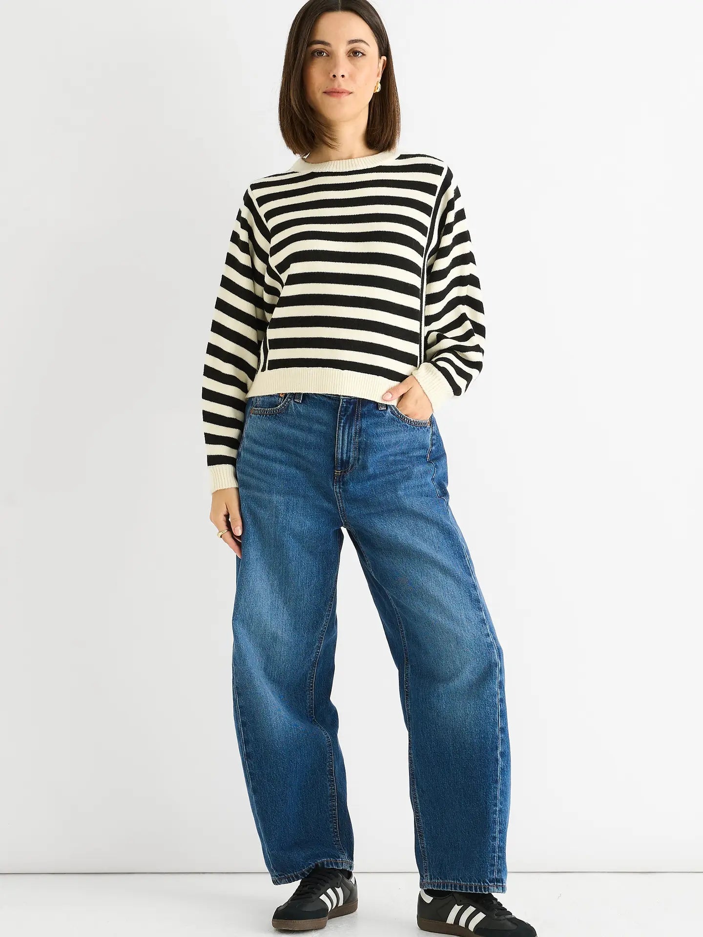 White Recycle Contrast Stripe Loose Fit Knit Jumper