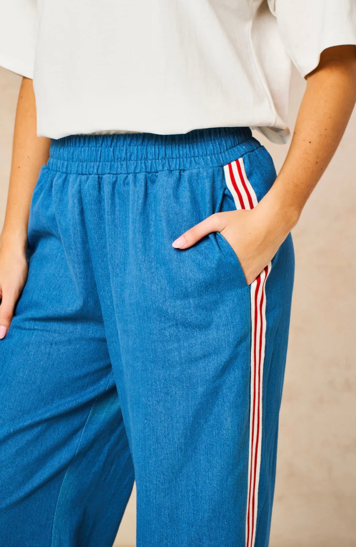 Striped Trim Wide Leg Trousers in Denim Blue