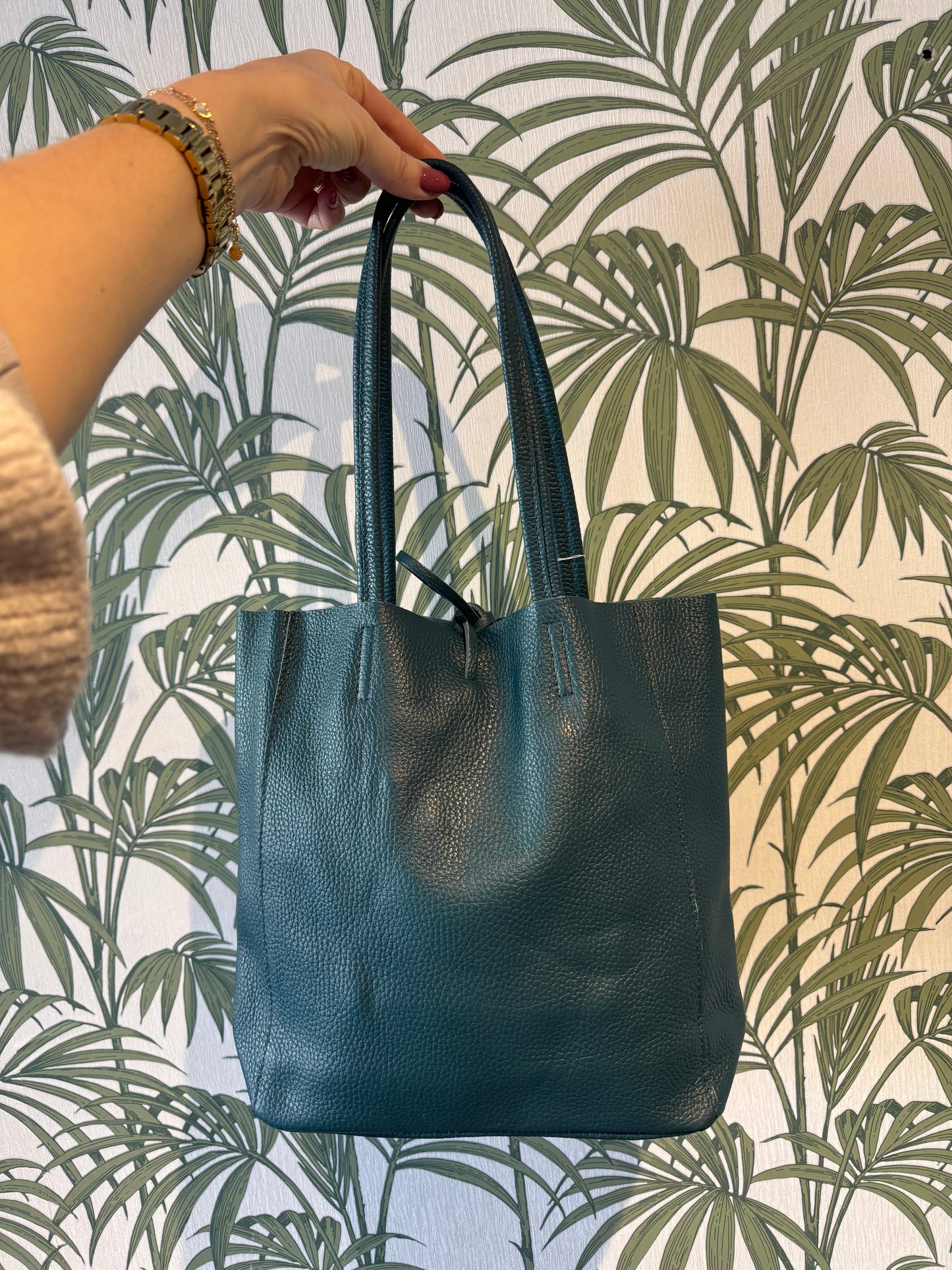 Leather Shopper Small Teal