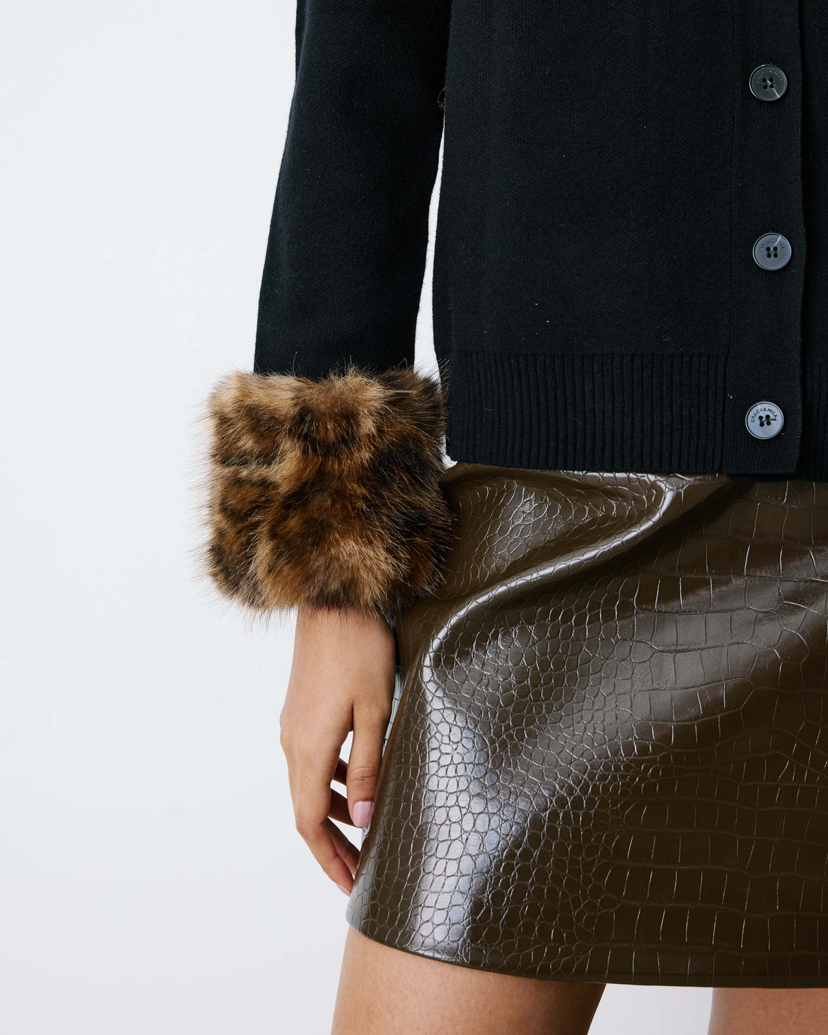 KNIT CARDIGAN WITH FAUX-FUR CUFFS BLACK BAMBINO