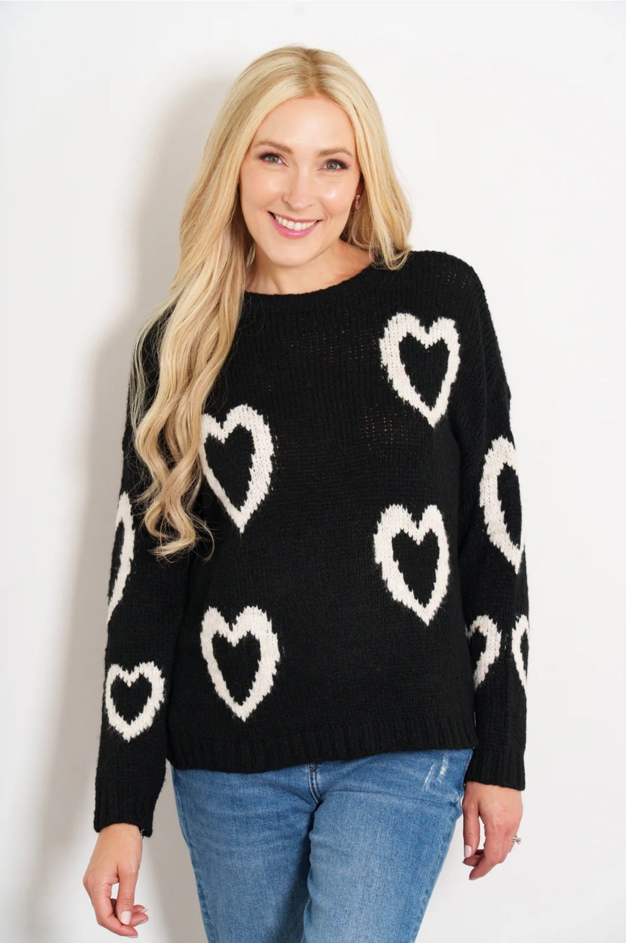 Millie Wool Blend Jumper - Black/Cream, Love Hearts