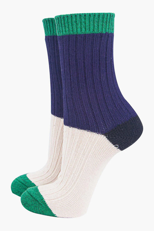 Mid-Calf Socks- Navy Blue/Cream