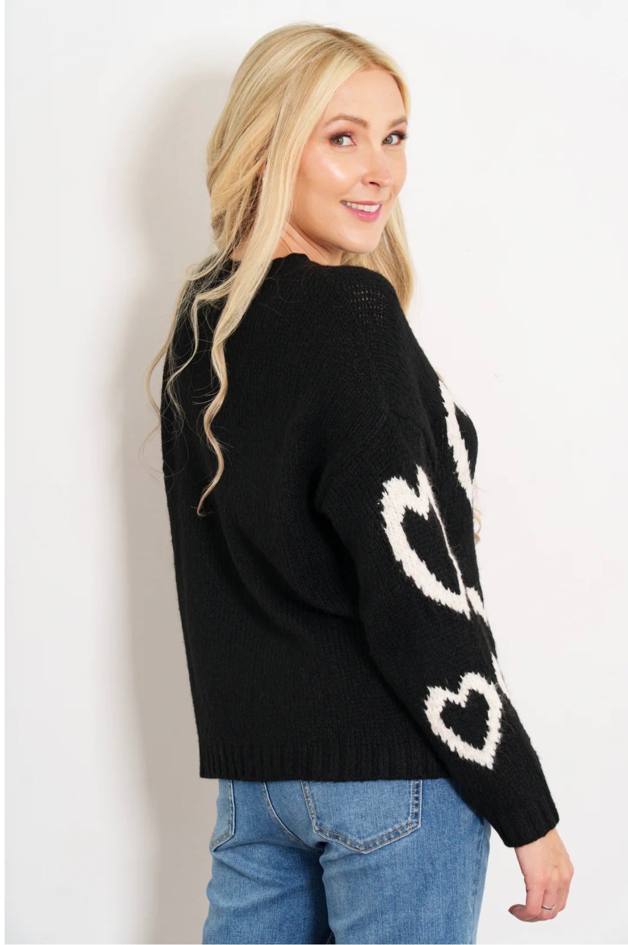 Millie Wool Blend Jumper - Black/Cream, Love Hearts