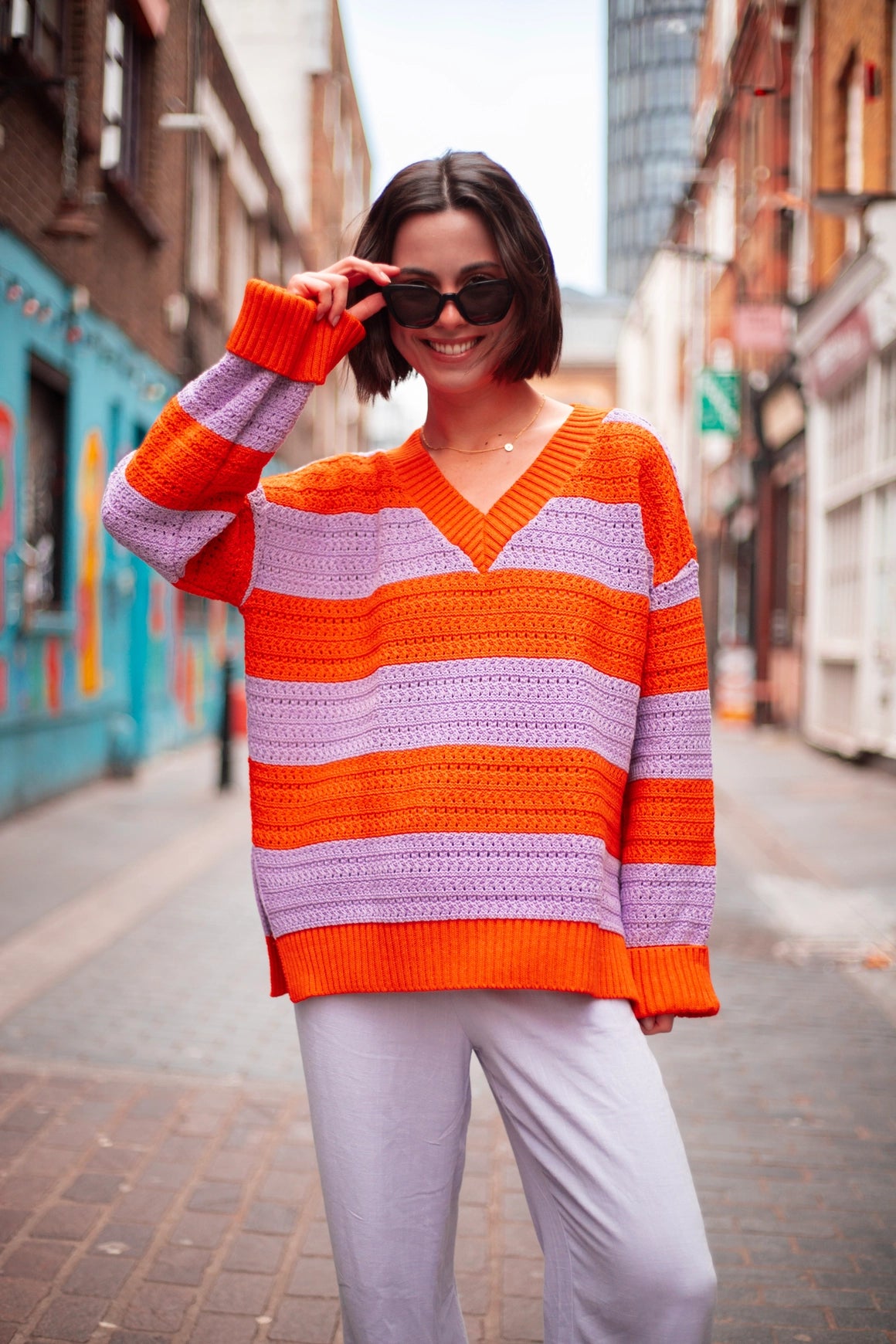 Millie Crochet Stripe V Neck Cotton Blend Jumper