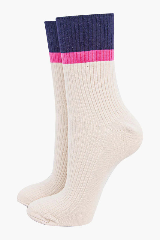 Mid-Calf Socks- Cream/Navy Blue