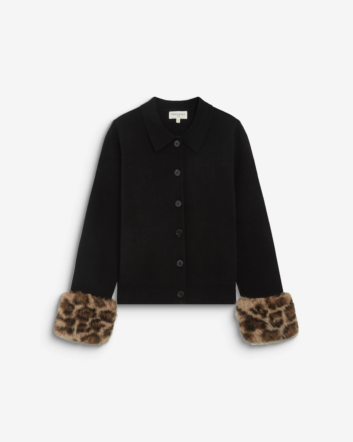 KNIT CARDIGAN WITH FAUX-FUR CUFFS BLACK BAMBINO