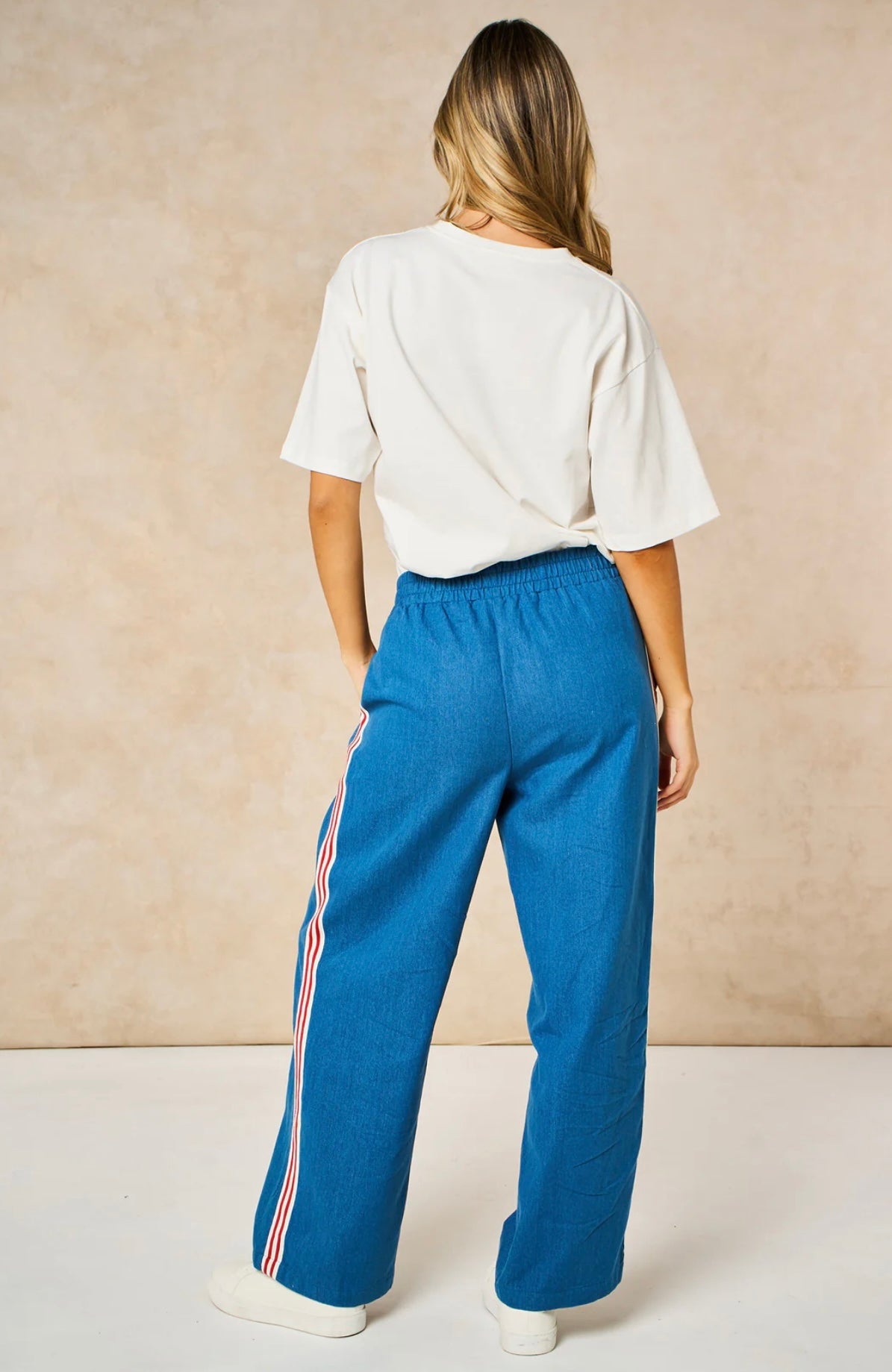 Striped Trim Wide Leg Trousers in Denim Blue