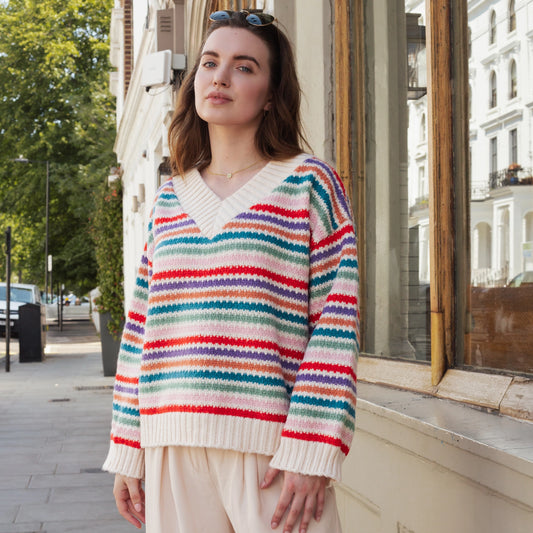 Jasmine Wide Sleeve V Neck Striped Jumper