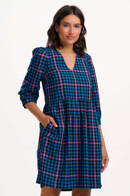 Nigella Mini Smock Dress - Black/Teal, Twilight Gingham
