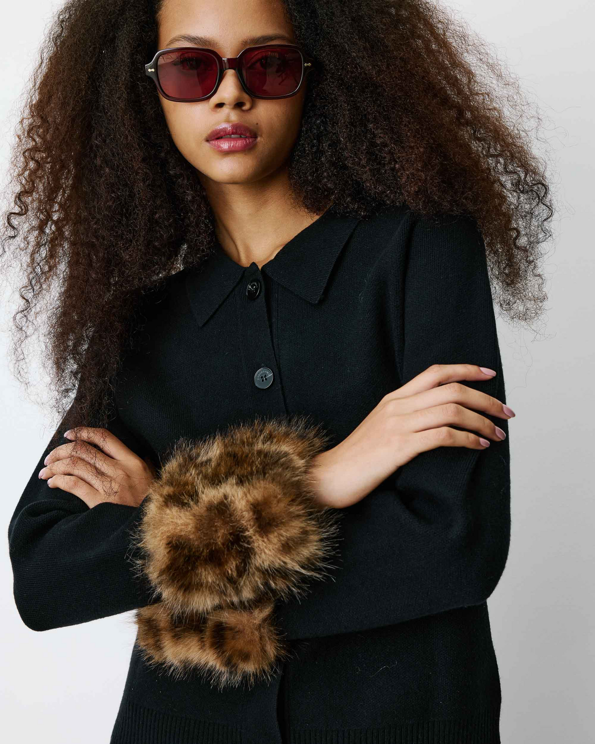KNIT CARDIGAN WITH FAUX-FUR CUFFS BLACK BAMBINO