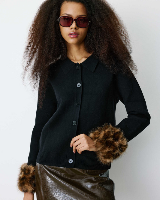 KNIT CARDIGAN WITH FAUX-FUR CUFFS BLACK BAMBINO