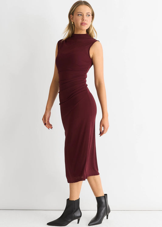 Burgundy Mesh Midi Dress