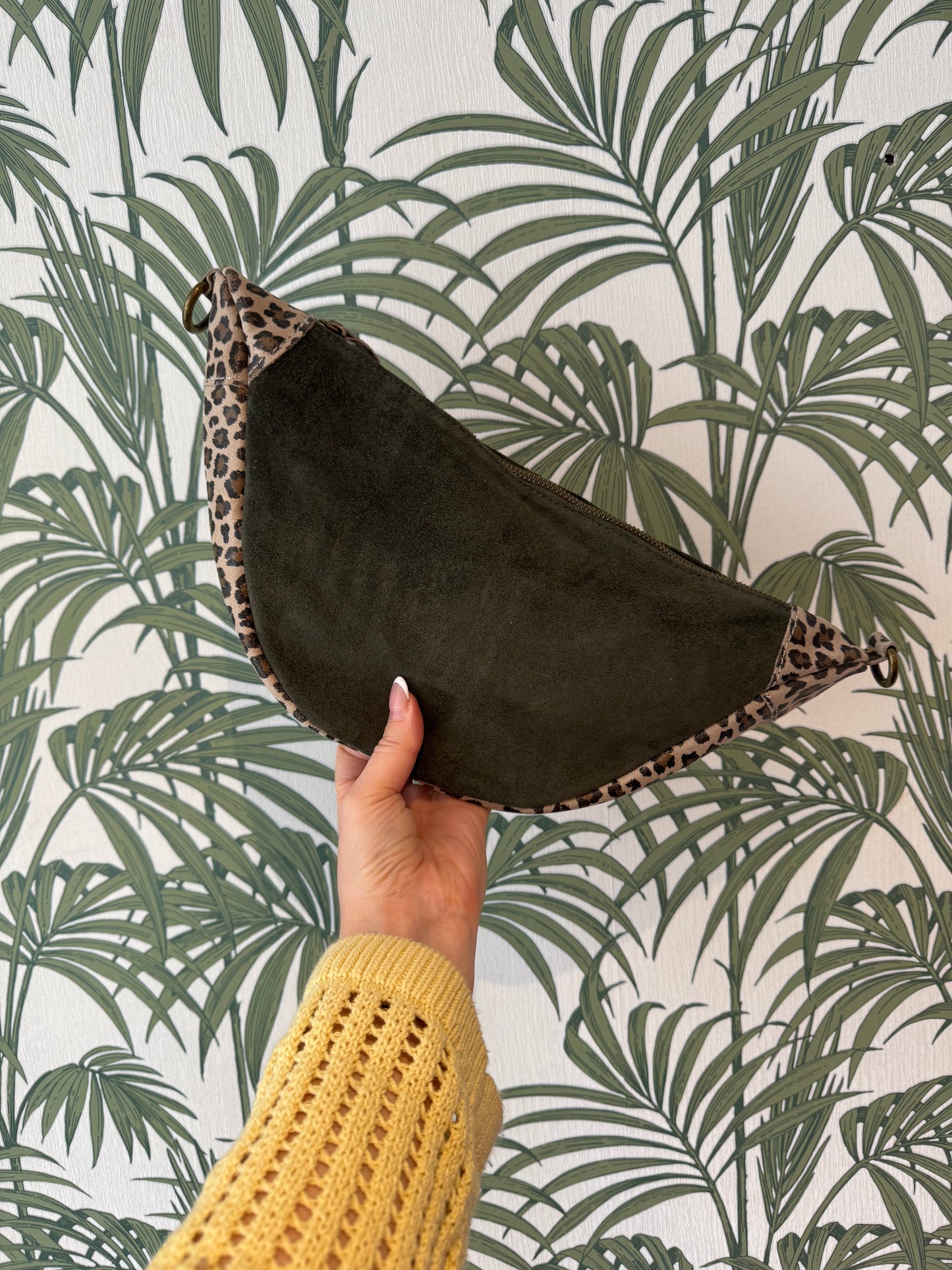 Suede Leather Round Shoulder Bag with Leopard Print