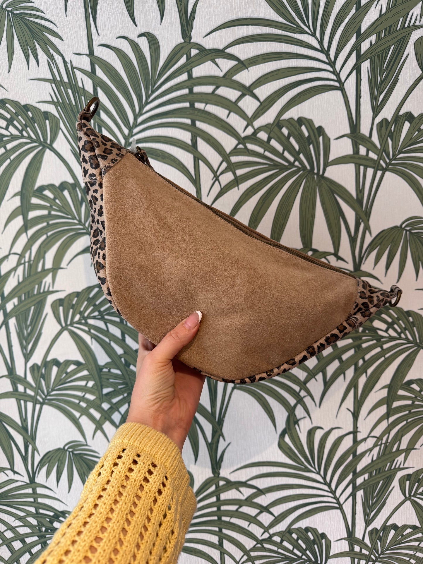 Suede Leather Round Shoulder Bag with Leopard Print