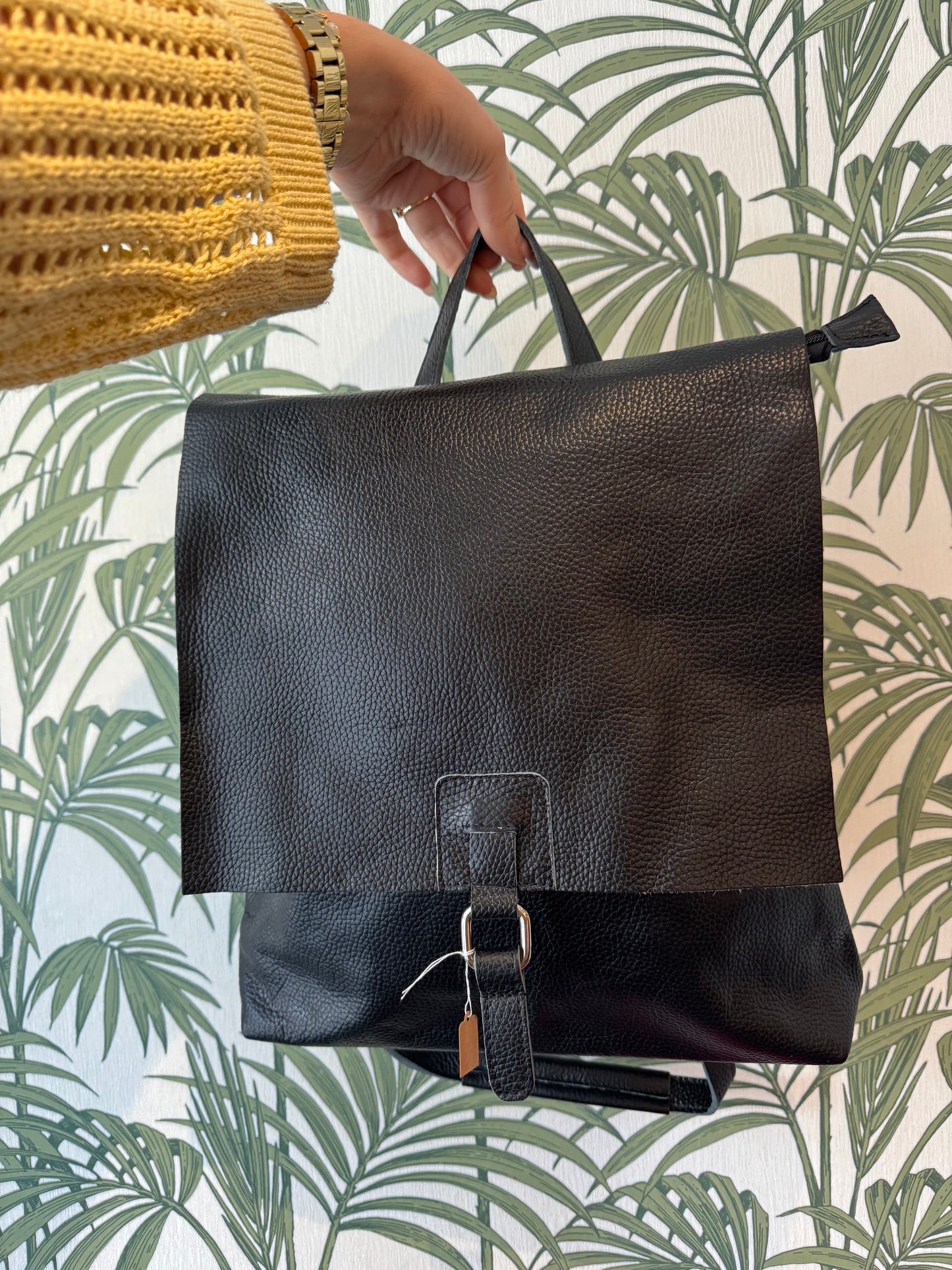 Leather Square Buckle Backpack Black
