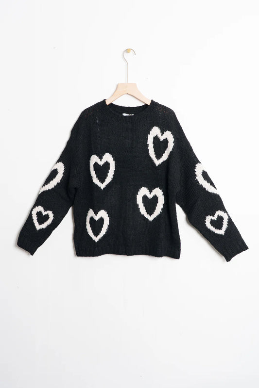 Millie Wool Blend Jumper - Black/White, Love Hearts